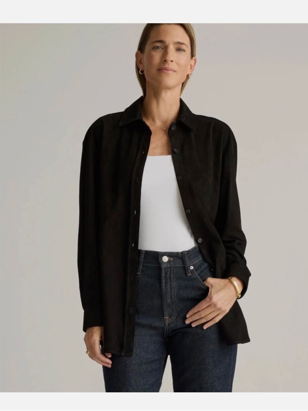 Quince 100% Goat Suede Leather Overshirt Black Sz L NWT Luxe Minimalist Jacket